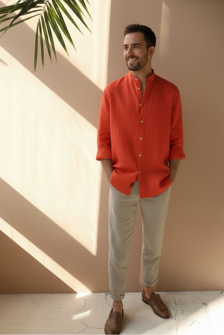 Regular Fit cream color Solid linen fabric Shirt