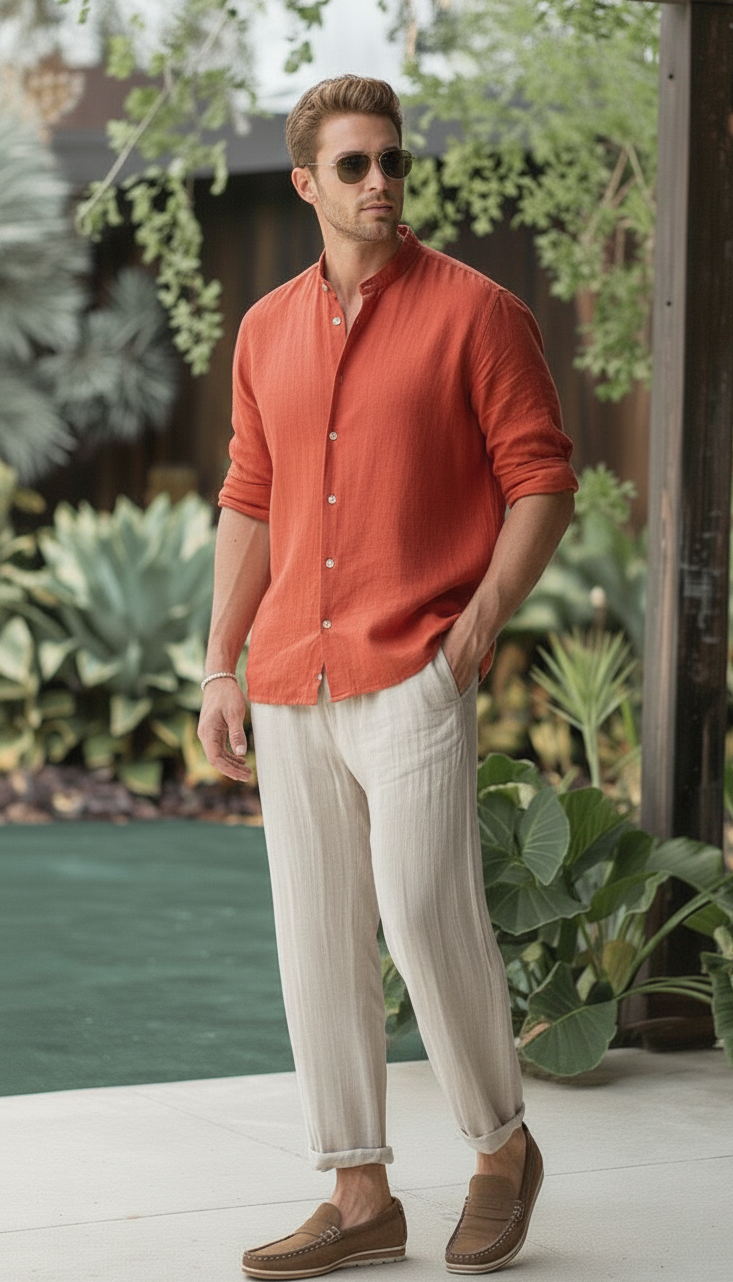 Regular Fit cream color Solid linen fabric Shirt