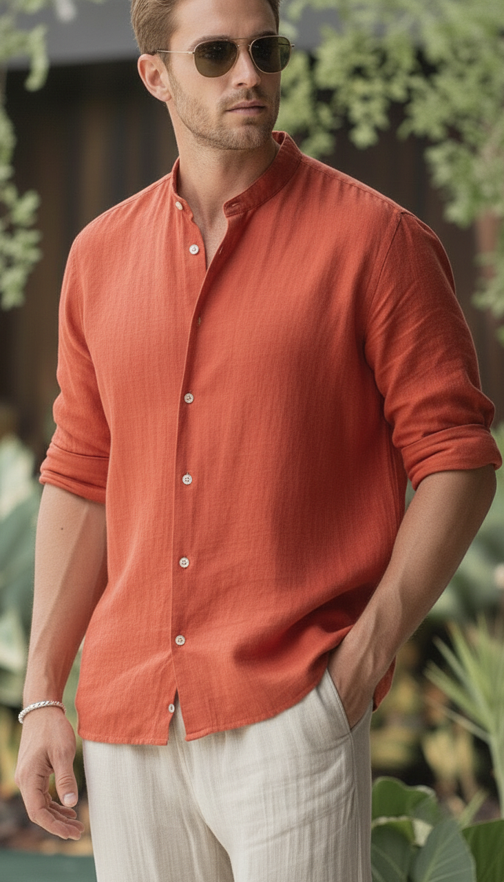 Regular Fit cream color Solid linen fabric Shirt