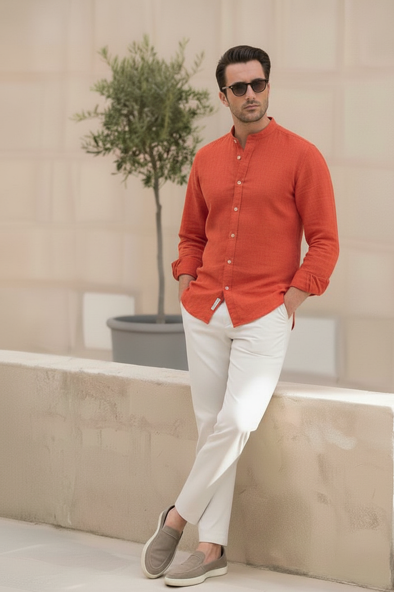 Men Regular Fit Solid Mandarin Collar Casual Shirt