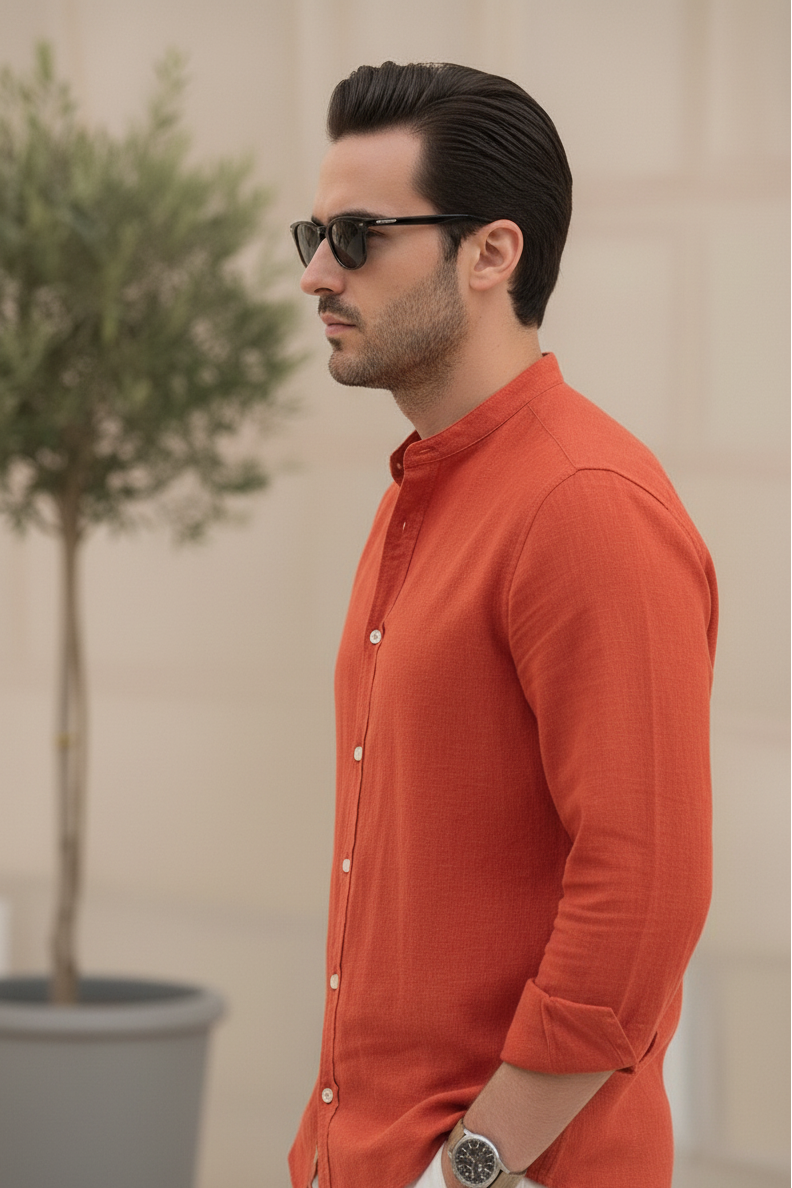 Men Regular Fit Solid Mandarin Collar Casual Shirt