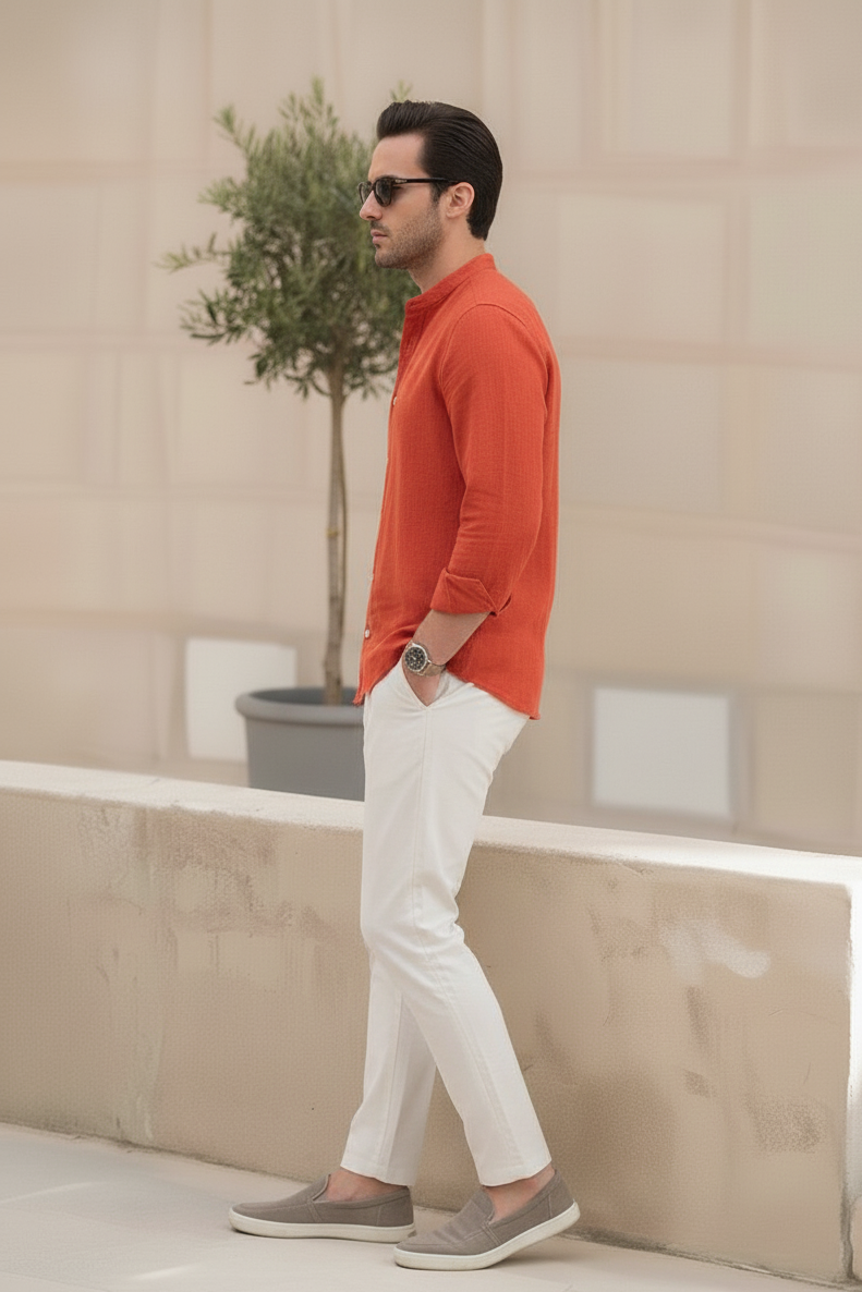 Men Regular Fit Solid Mandarin Collar Casual Shirt