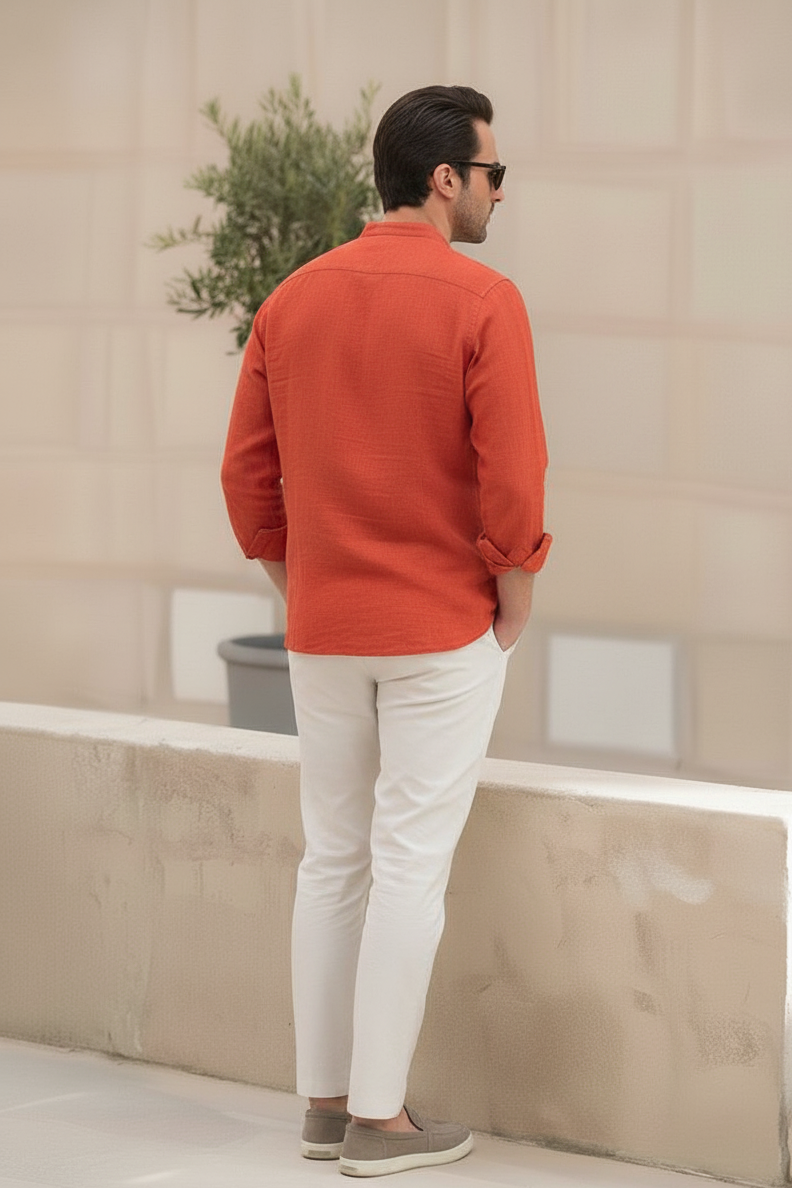 Men Regular Fit Solid Mandarin Collar Casual Shirt