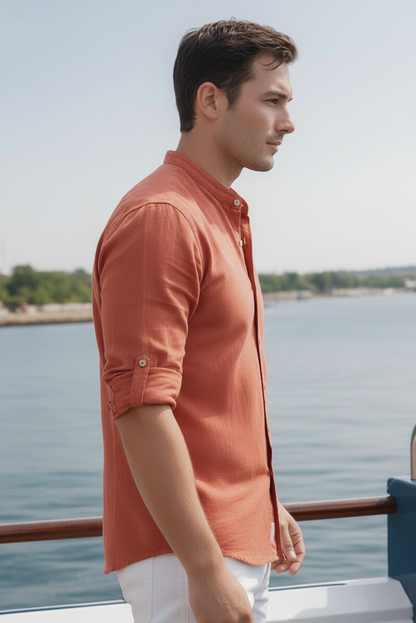 Regular Fit cream color Solid linen fabric Shirt