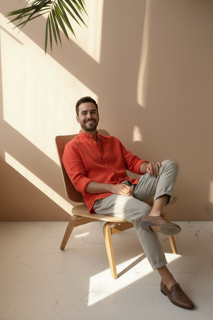 Regular Fit cream color Solid linen fabric Shirt