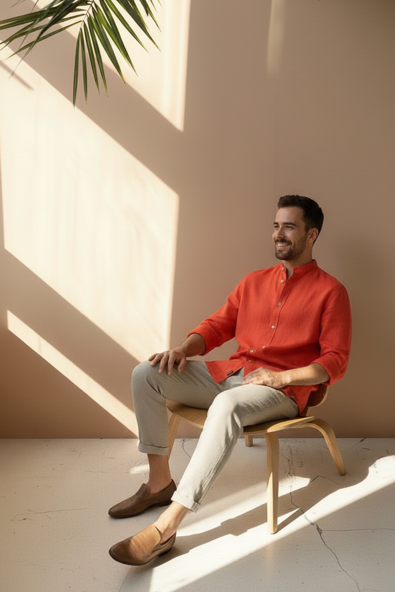 Regular Fit cream color Solid linen fabric Shirt