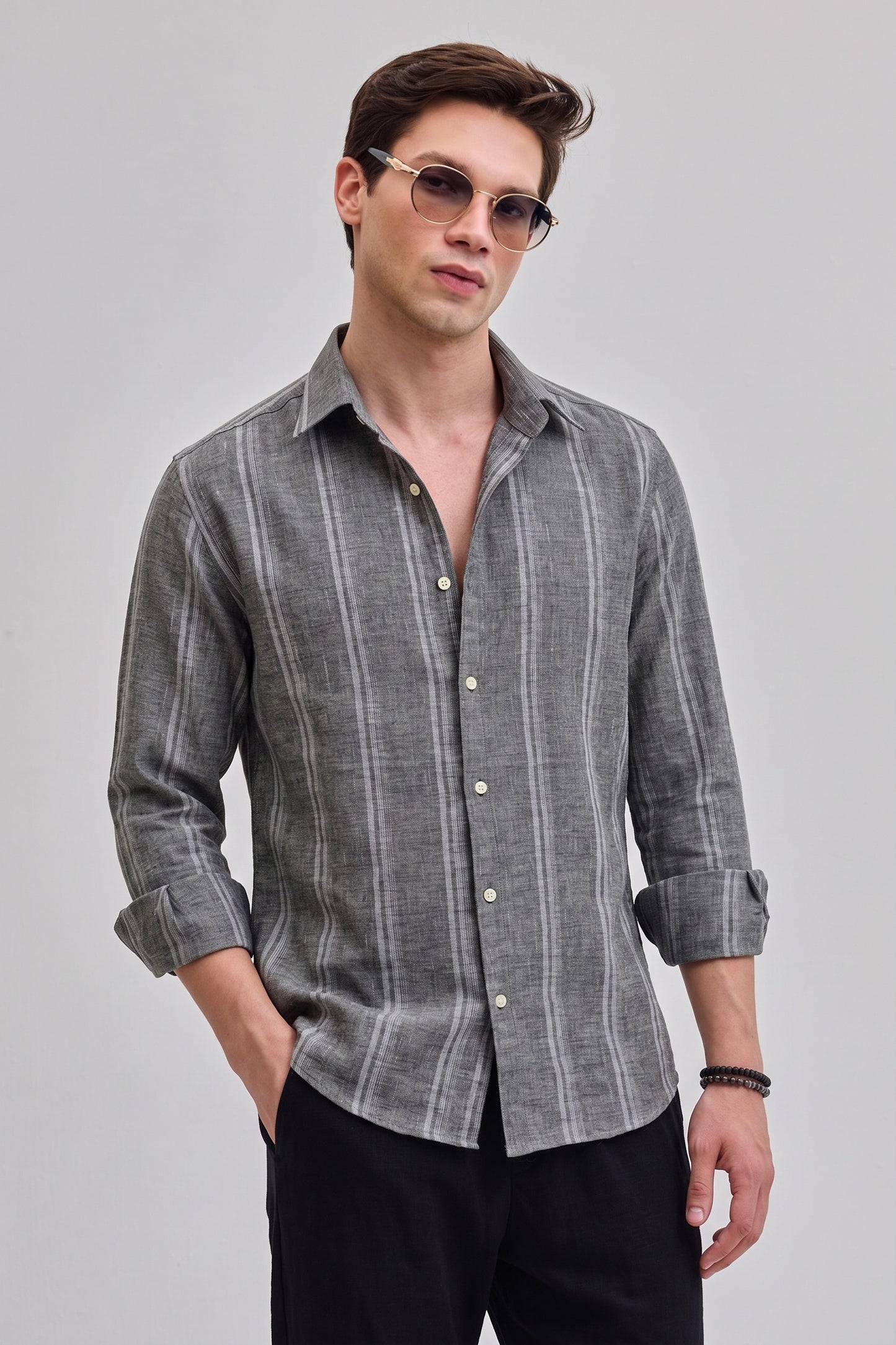 Men's Charcoal Grey Striped Linen Shirt – Regular Fit Button-Down with Lightweight Breathable Fabric