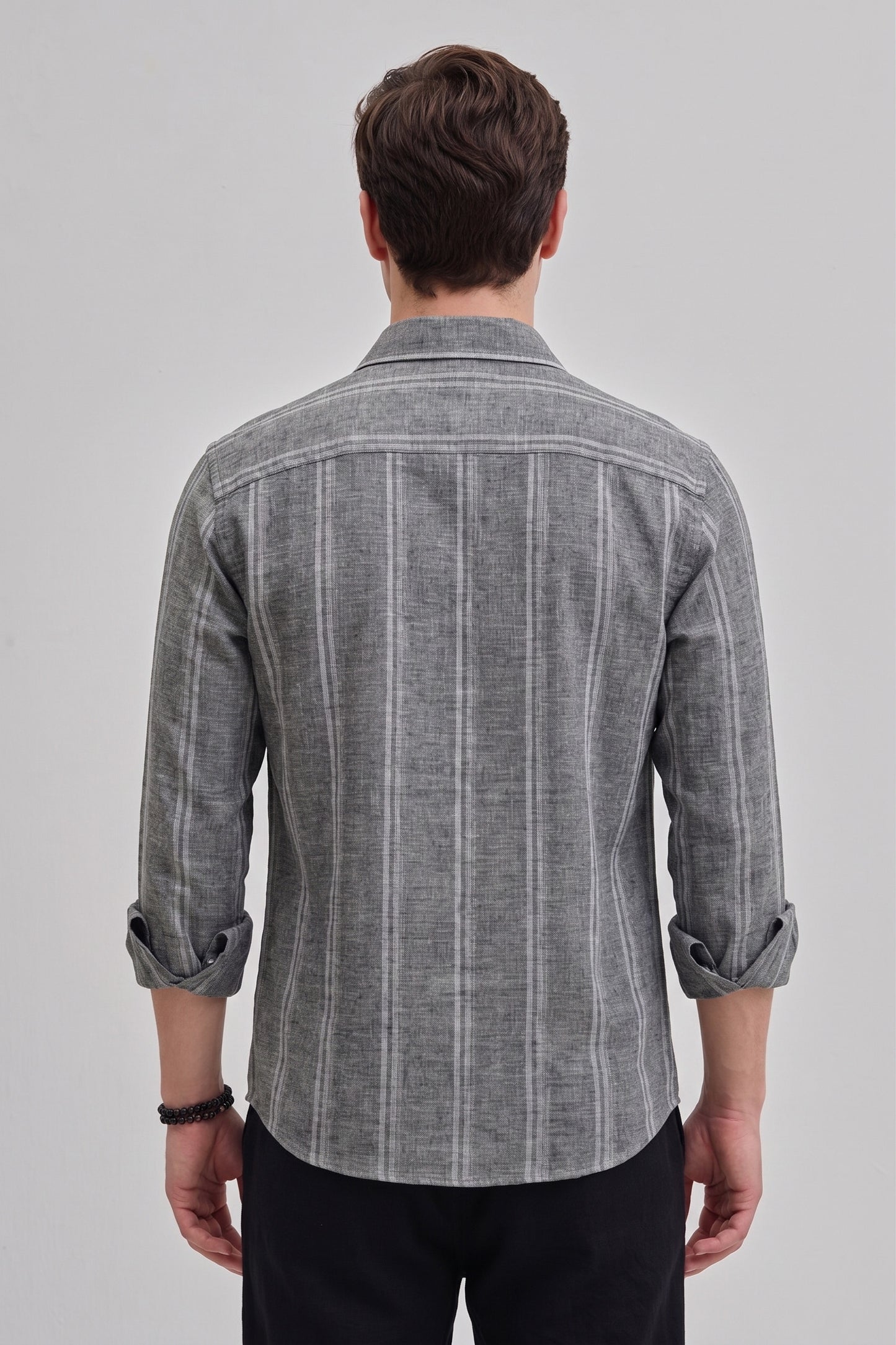 Men's Charcoal Grey Striped Linen Shirt – Regular Fit Button-Down with Lightweight Breathable Fabric