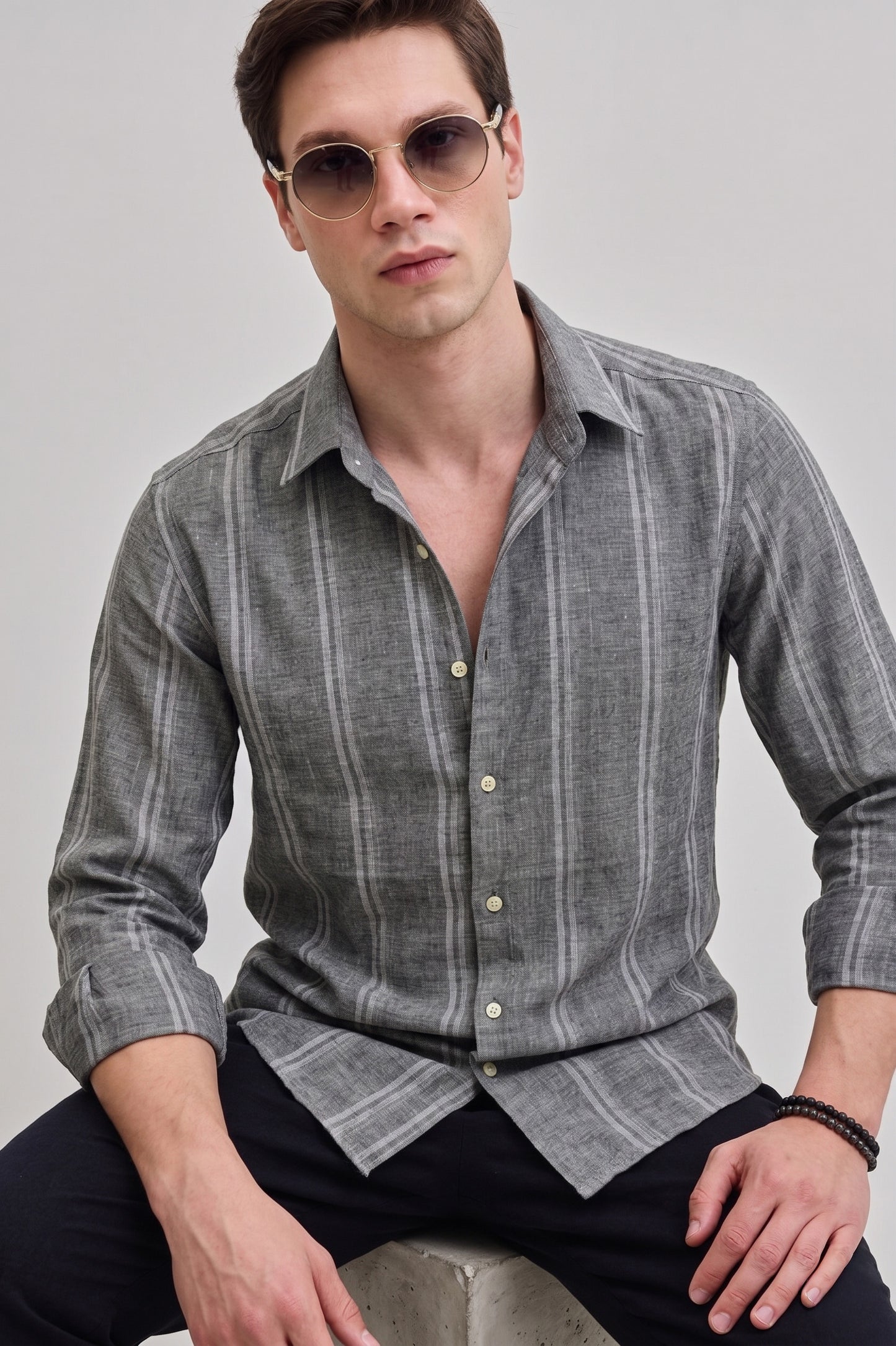 Men's Charcoal Grey Striped Linen Shirt – Regular Fit Button-Down with Lightweight Breathable Fabric