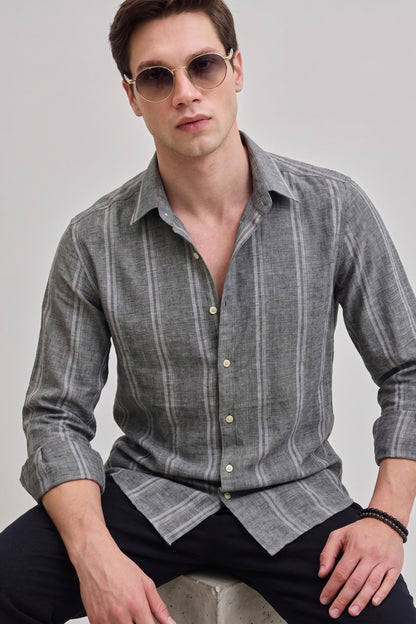 Men's Charcoal Grey Striped Linen Shirt – Regular Fit Button-Down with Lightweight Breathable Fabric
