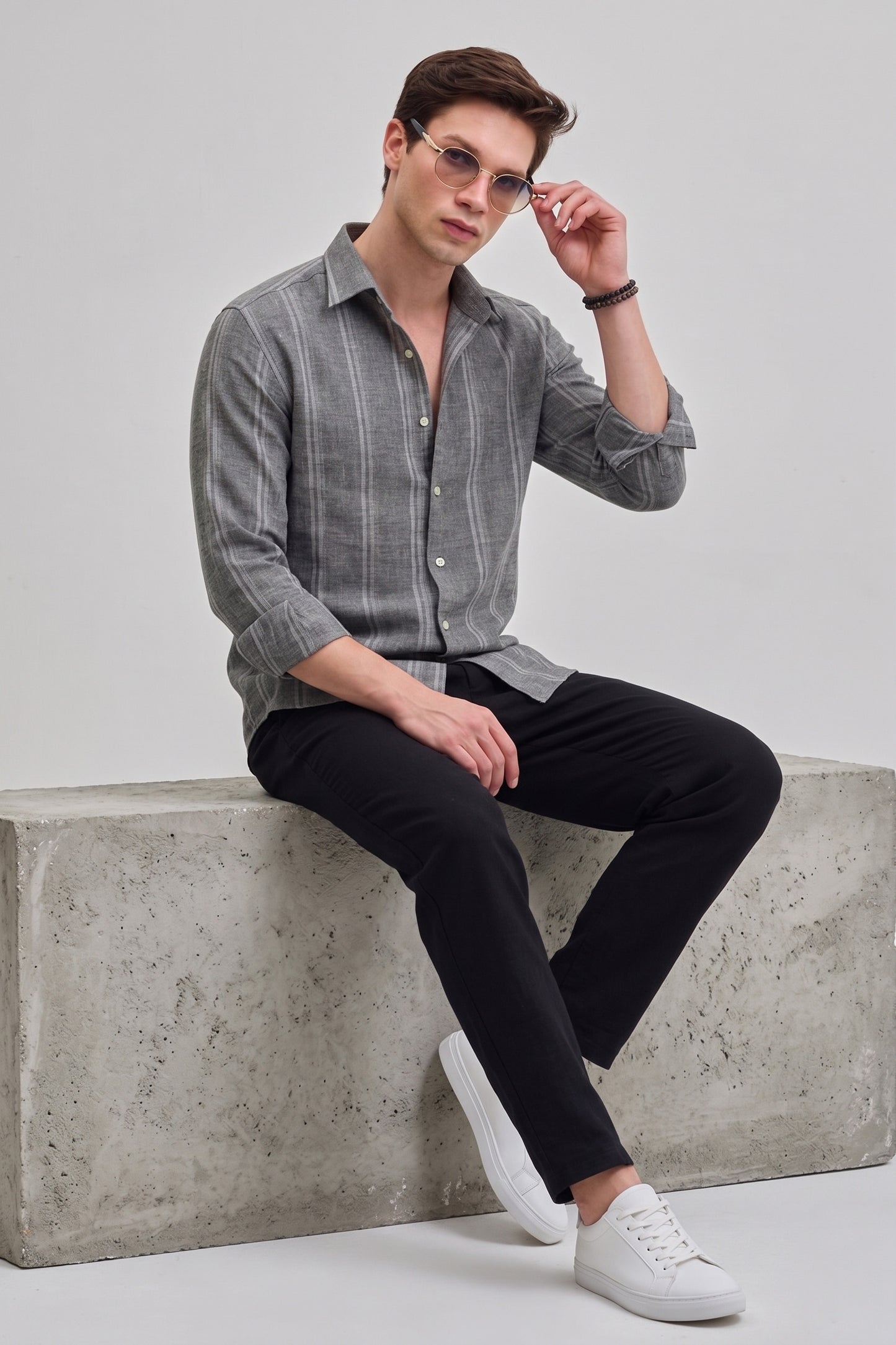 Men's Charcoal Grey Striped Linen Shirt – Regular Fit Button-Down with Lightweight Breathable Fabric