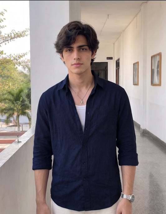 Navy Blue Linen Shirt for Men – Premium Regular Fit Casual Wear