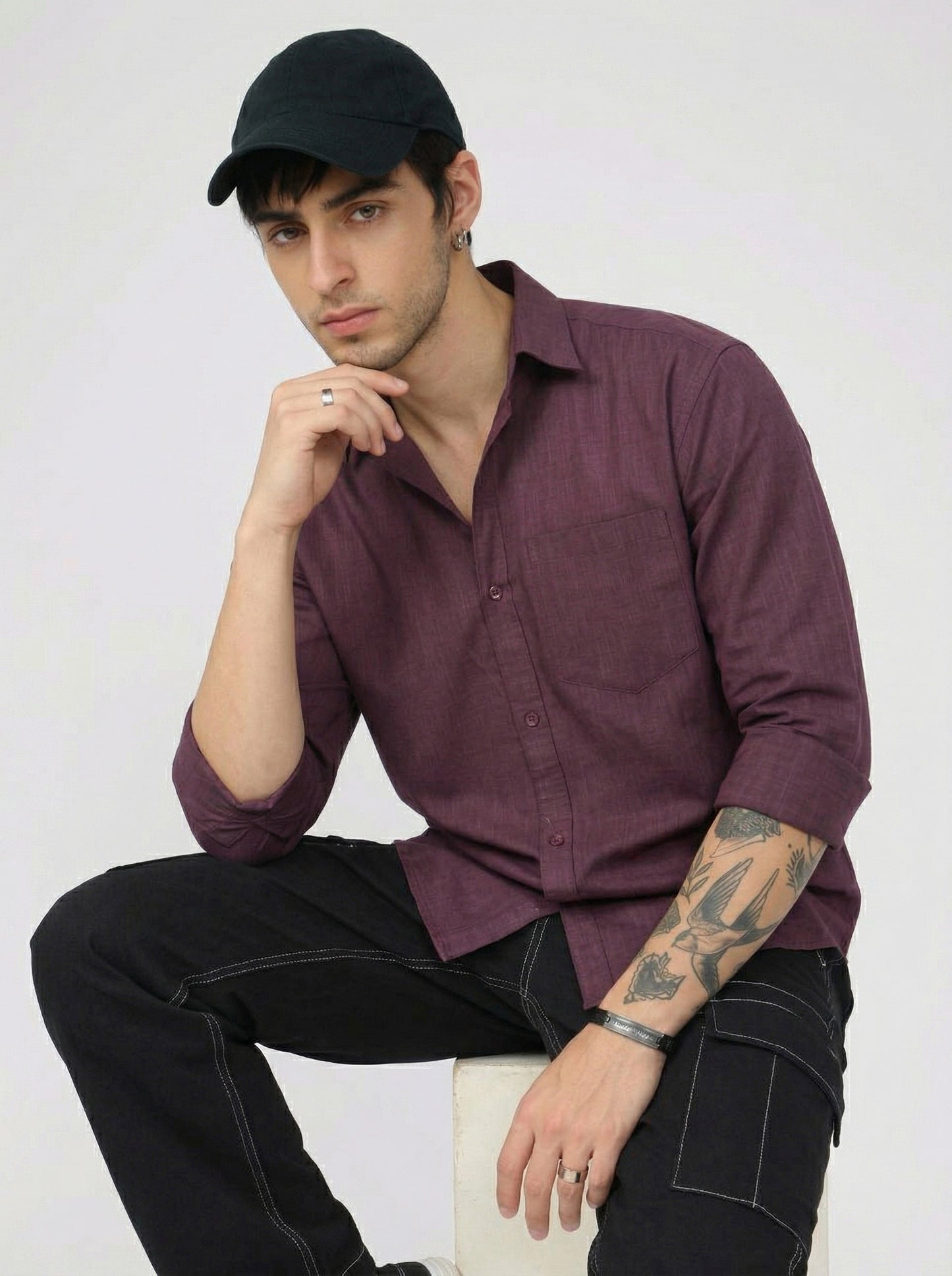 Men’s Wine Linen Shirt– Lightweight Breathable Button-Up