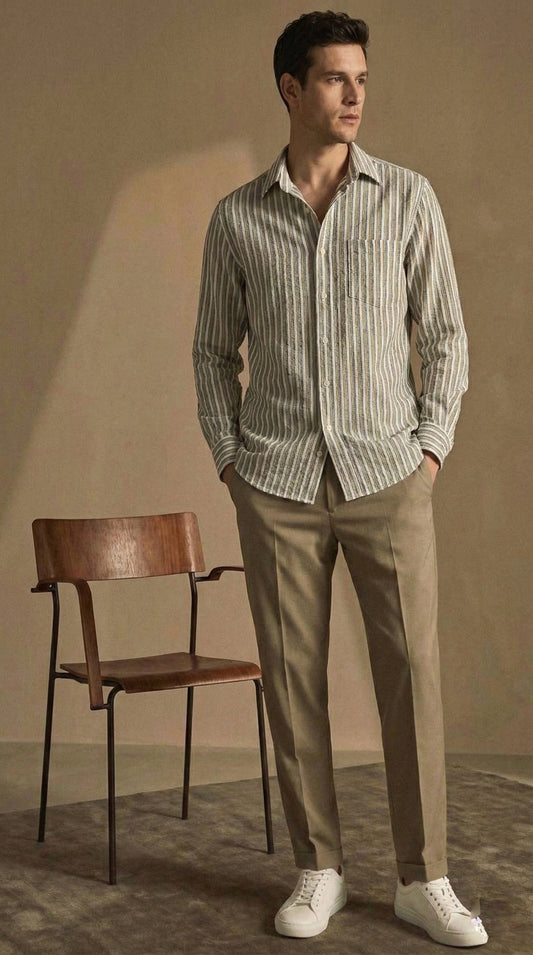 Olive and White Color Stripes Knitted Fabric Shirt