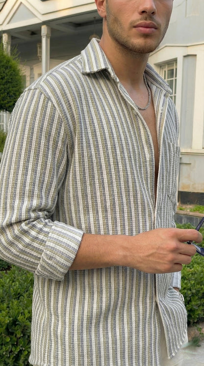 Olive and White Color Stripes Knitted Fabric Shirt