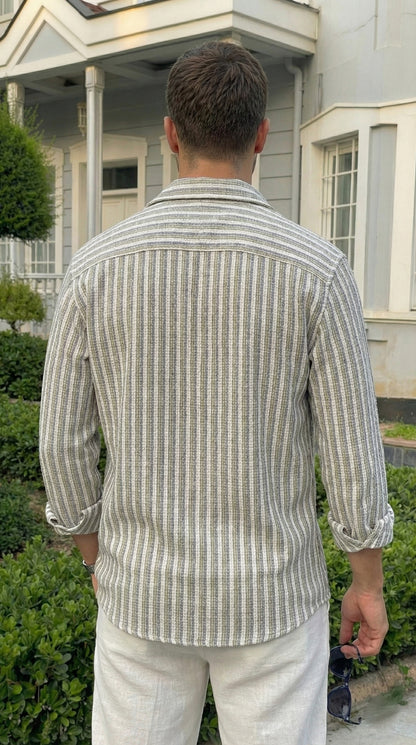 Olive and White Color Stripes Knitted Fabric Shirt