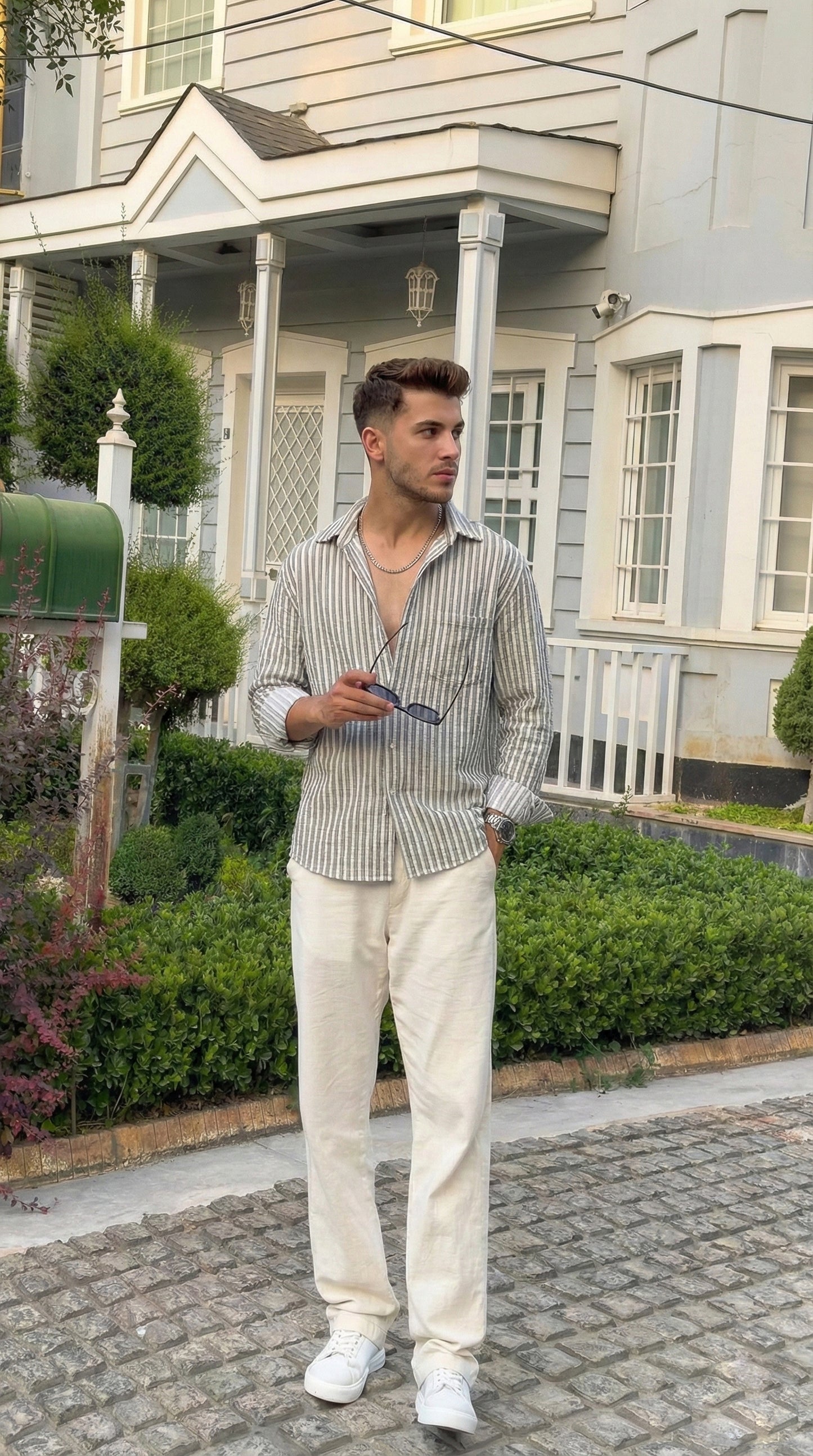 Olive and White Color Stripes Knitted Fabric Shirt