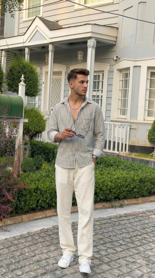 Olive and White Color Stripes Knitted Fabric Shirt