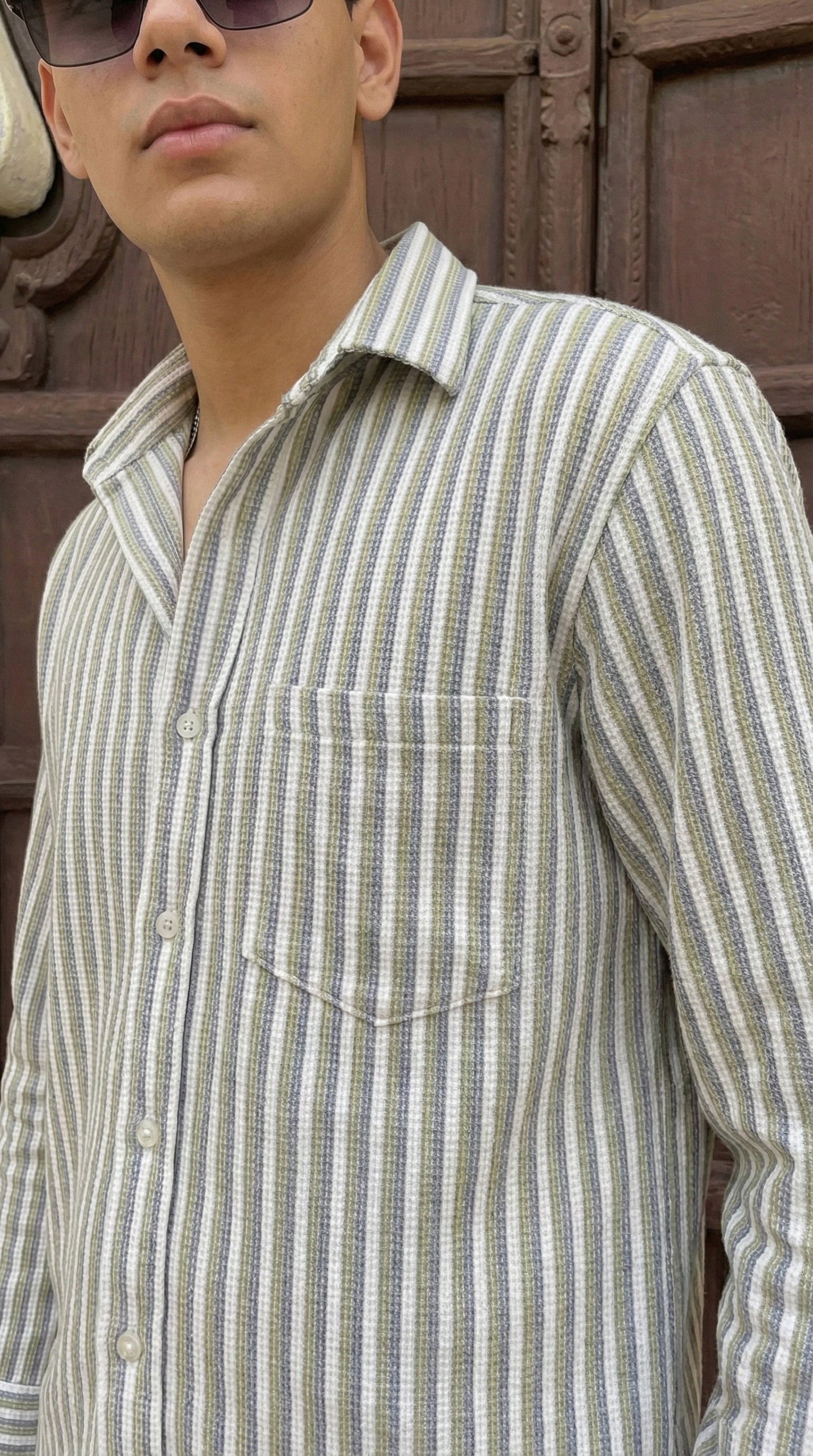 Olive and White Color Stripes Knitted Fabric Shirt