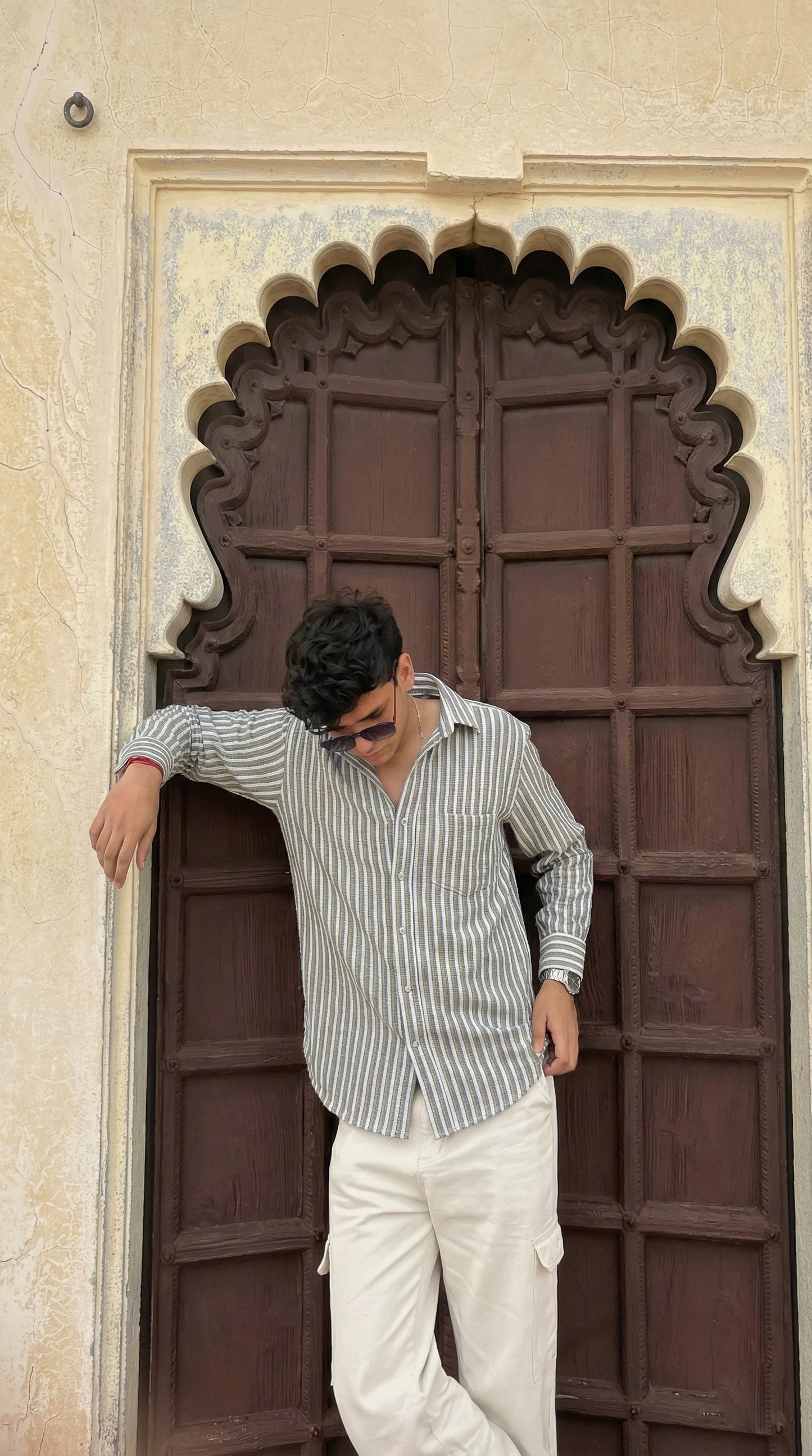 Olive and White Color Stripes Knitted Fabric Shirt