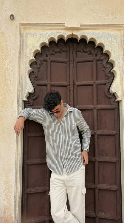 Olive and White Color Stripes Knitted Fabric Shirt