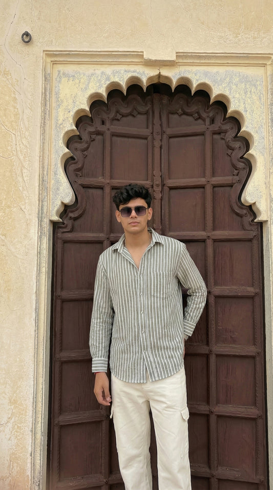 Olive and White Color Stripes Knitted Fabric Shirt