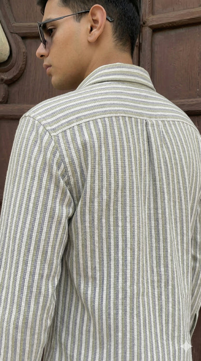 Olive and White Color Stripes Knitted Fabric Shirt