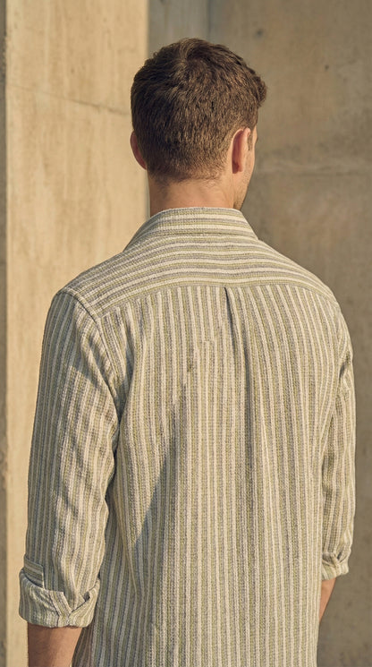Olive and White Color Stripes Knitted Fabric Shirt