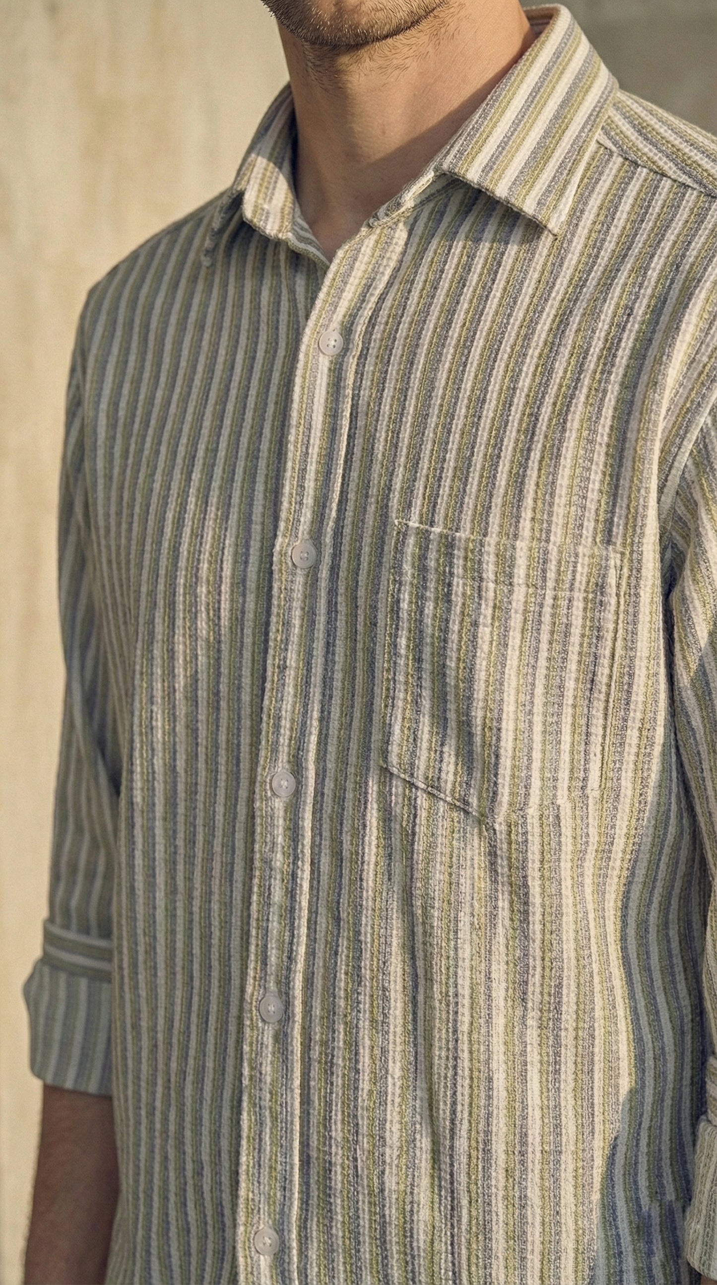 Olive and White Color Stripes Knitted Fabric Shirt