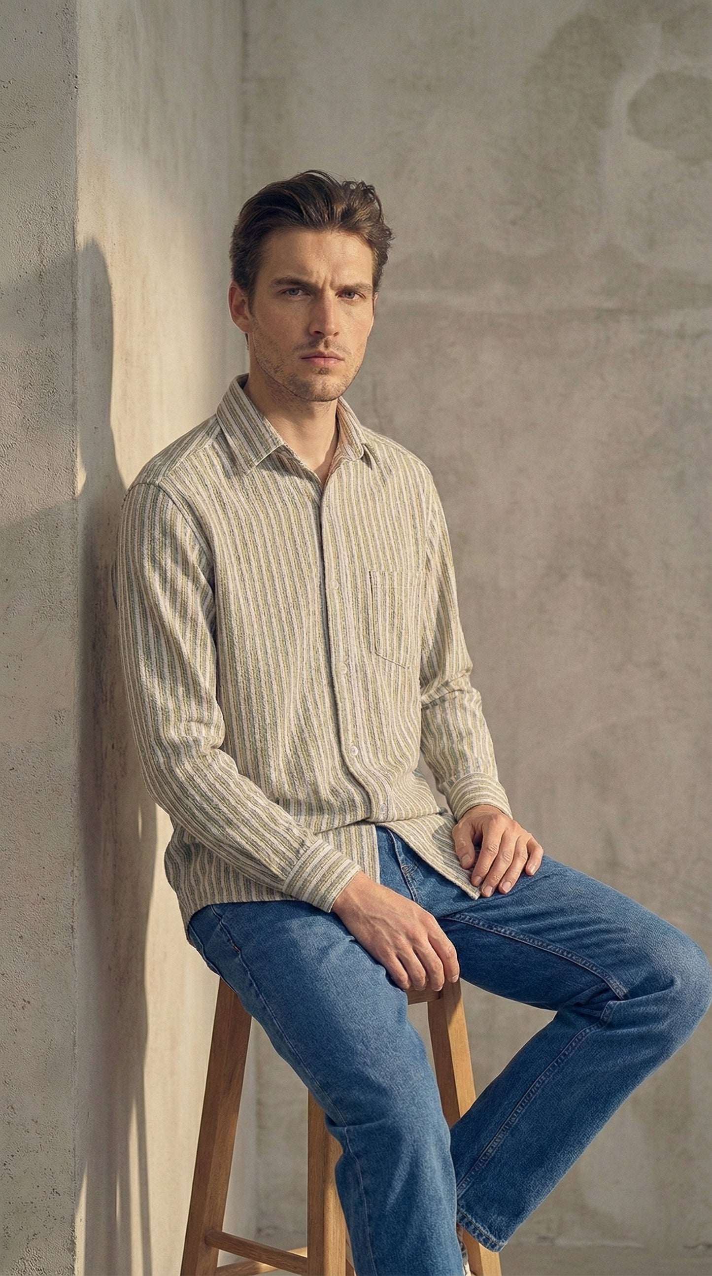 Olive and White Color Stripes Knitted Fabric Shirt