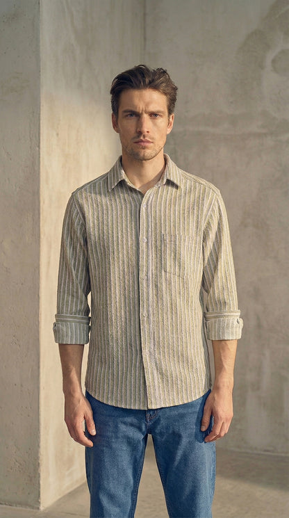 Olive and White Color Stripes Knitted Fabric Shirt