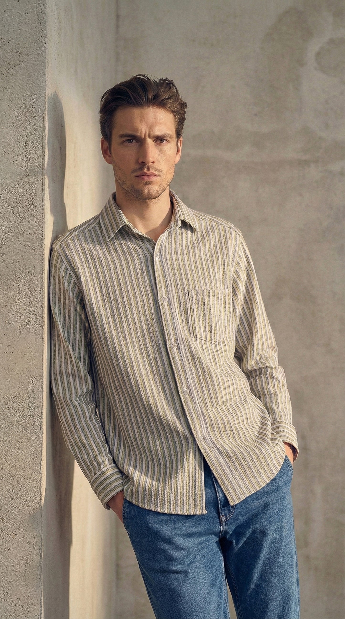 Olive and White Color Stripes Knitted Fabric Shirt