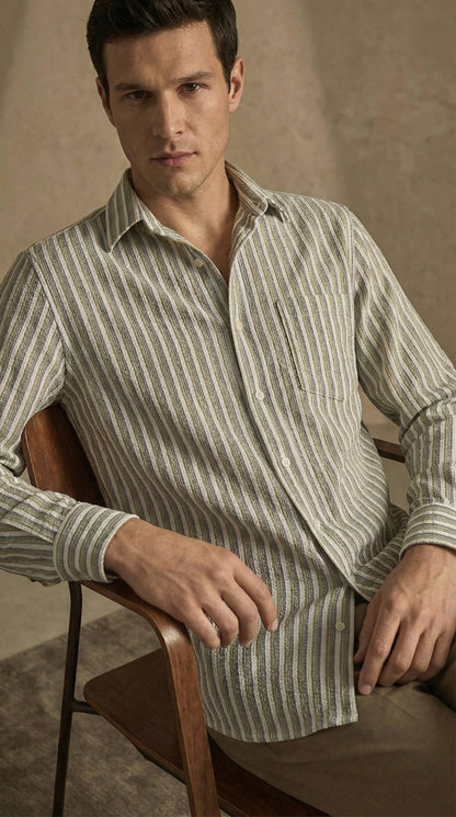 Olive and White Color Stripes Knitted Fabric Shirt