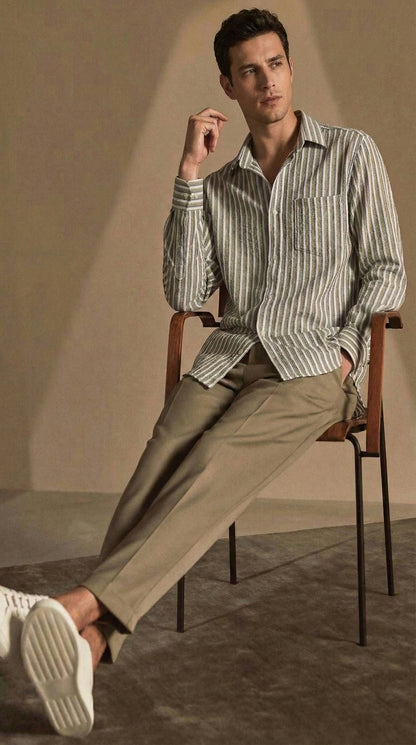 Olive and White Color Stripes Knitted Fabric Shirt