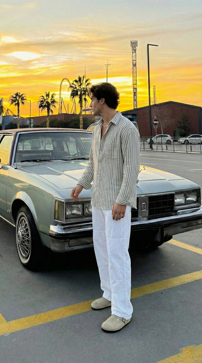 Olive and White Color Stripes Knitted Fabric Shirt