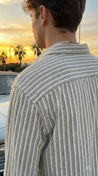 Olive and White Color Stripes Knitted Fabric Shirt