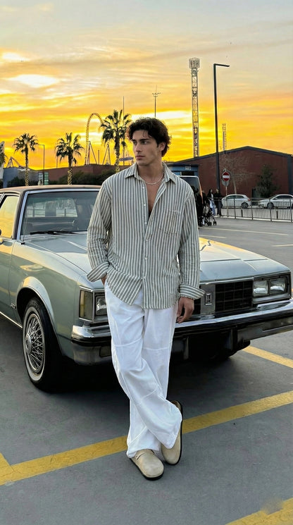 Olive and White Color Stripes Knitted Fabric Shirt