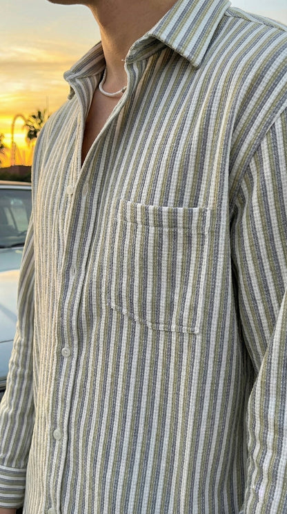 Olive and White Color Stripes Knitted Fabric Shirt