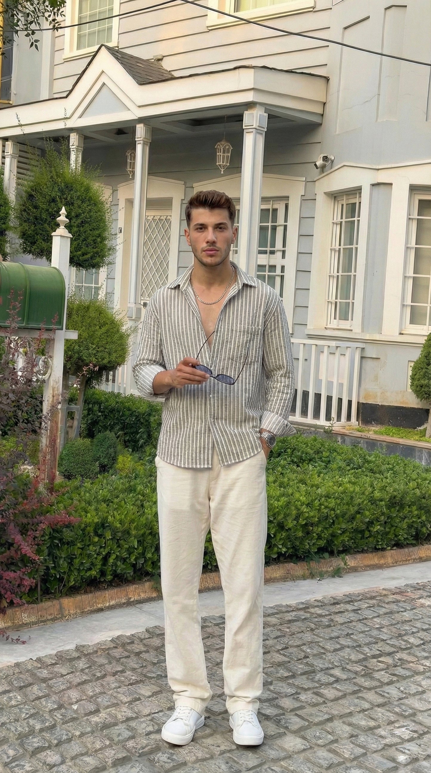 Olive and White Color Stripes Knitted Fabric Shirt