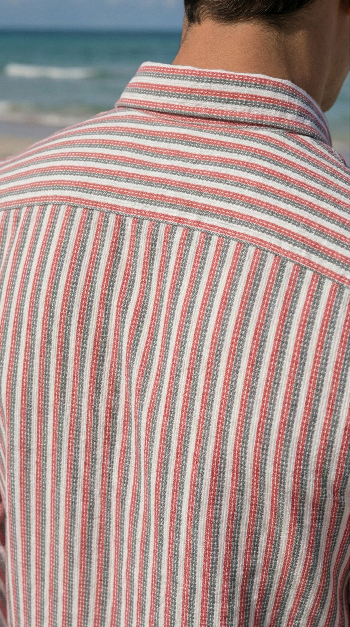 Redish and White Color Stripes Knitted Fabric Shirt