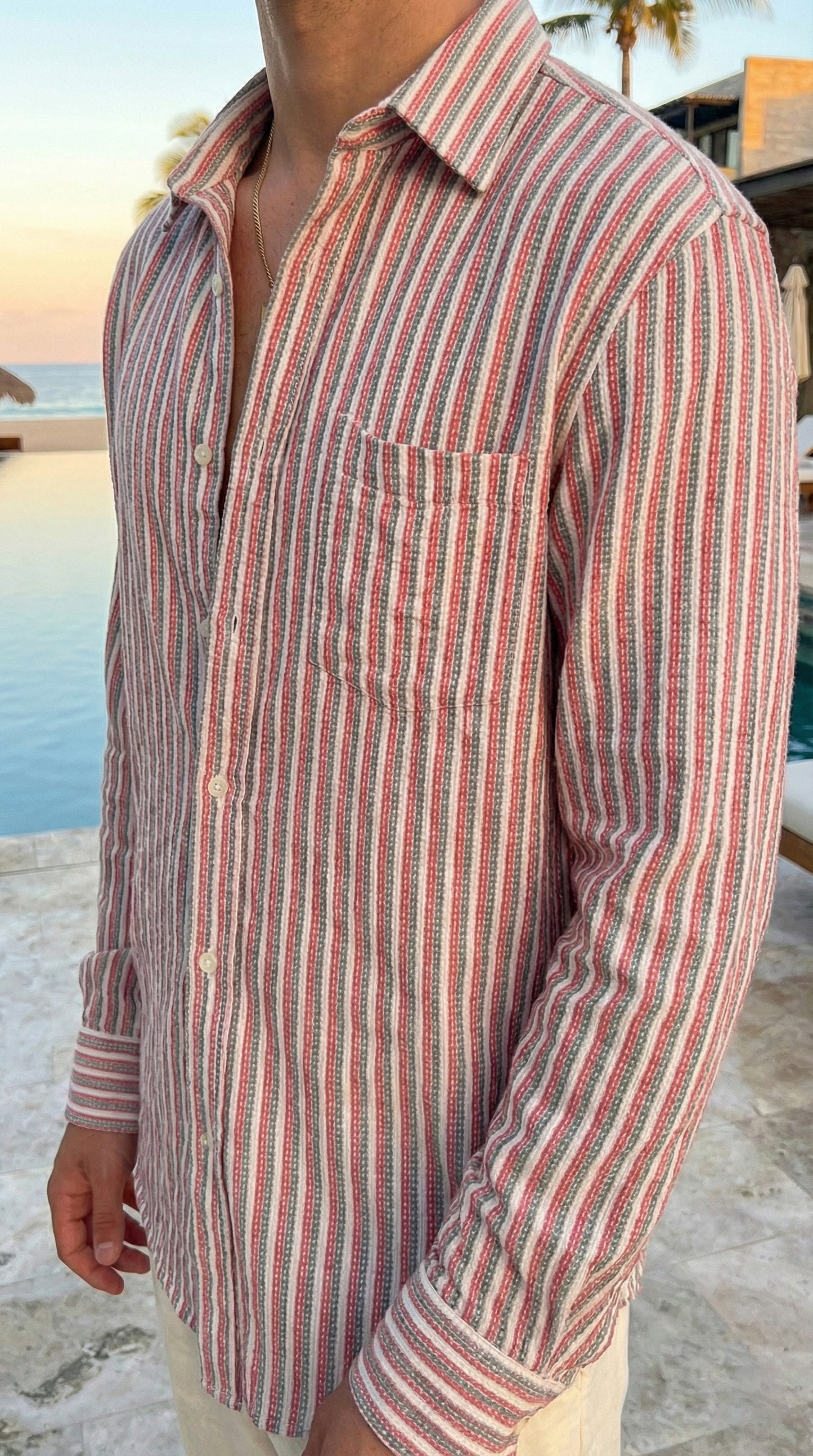 Redish and White Color Stripes Knitted Fabric Shirt