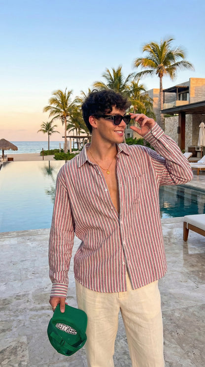 Redish and White Color Stripes Knitted Fabric Shirt