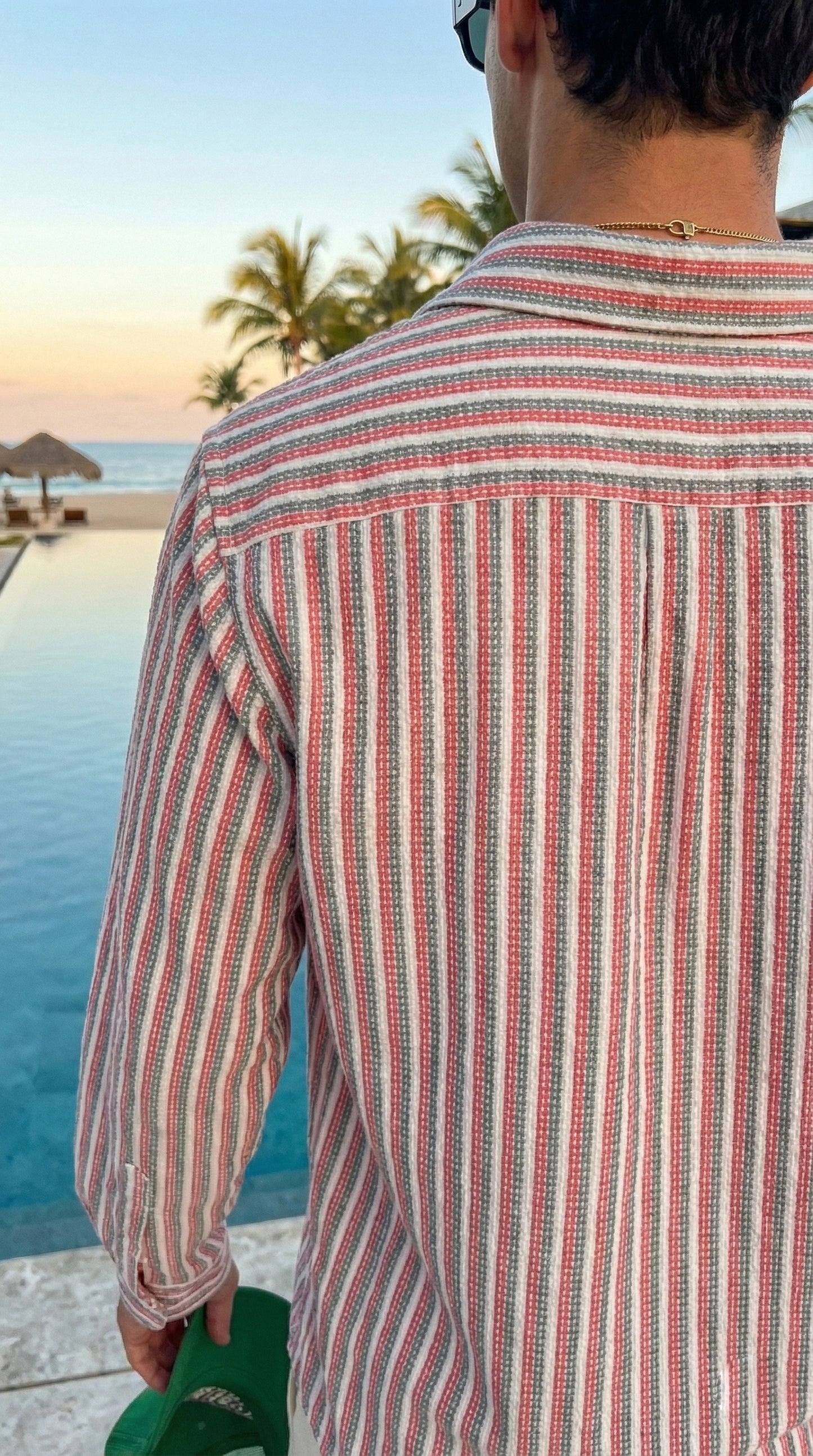 Redish and White Color Stripes Knitted Fabric Shirt