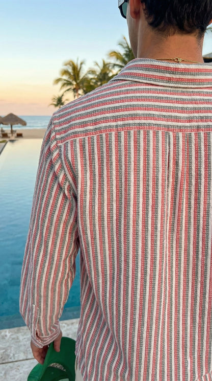 Redish and White Color Stripes Knitted Fabric Shirt