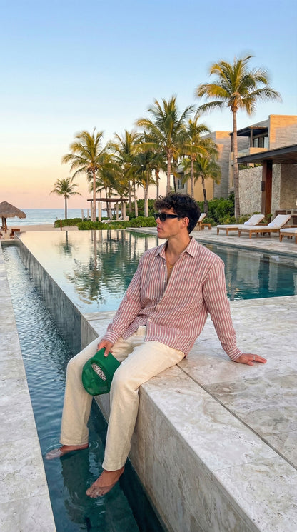 Redish and White Color Stripes Knitted Fabric Shirt