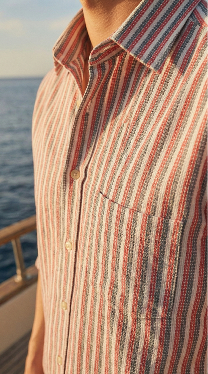 Redish and White Color Stripes Knitted Fabric Shirt