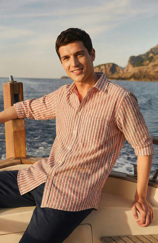 Redish and White Color Stripes Knitted Fabric Shirt