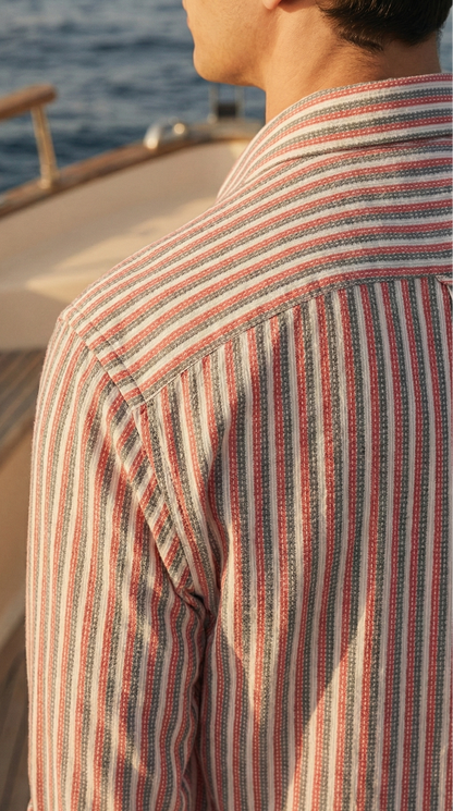 Redish and White Color Stripes Knitted Fabric Shirt