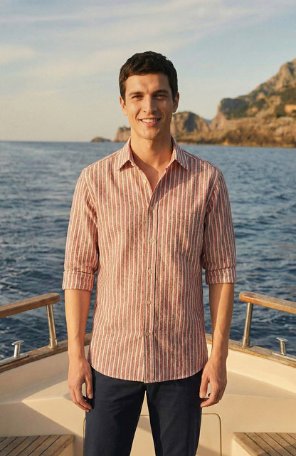 Redish and White Color Stripes Knitted Fabric Shirt