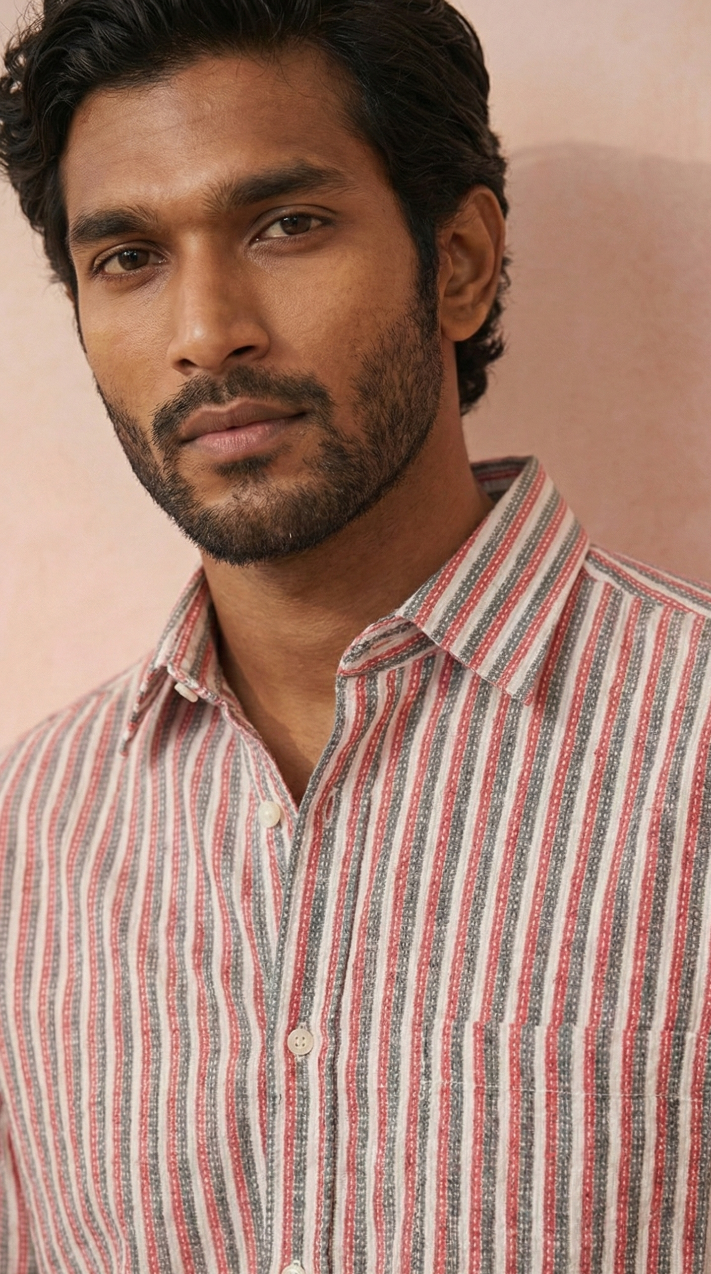 Redish and White Color Stripes Knitted Fabric Shirt